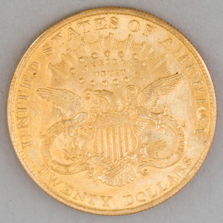 GULDMYNT, fine gold, 20 dollars, Liberty, USA. 1904.