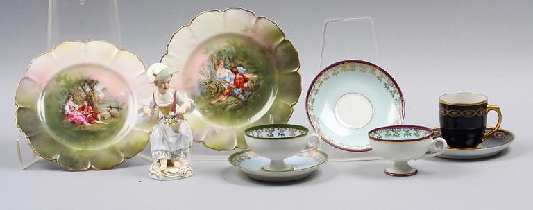 PARTI PORSLIN, 6 delar, bla Meissen, Wien, 1900-talets första hälft.