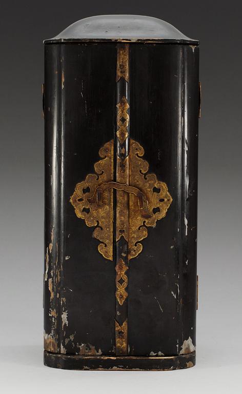 A Japanese gilt lacquer figure of seated Buddha in a wooden shrine, 19th Century.