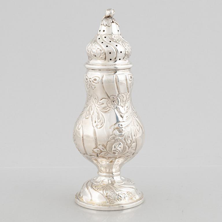 A Rococo style silver sugar caster, Swedish import marks, 20th Century.