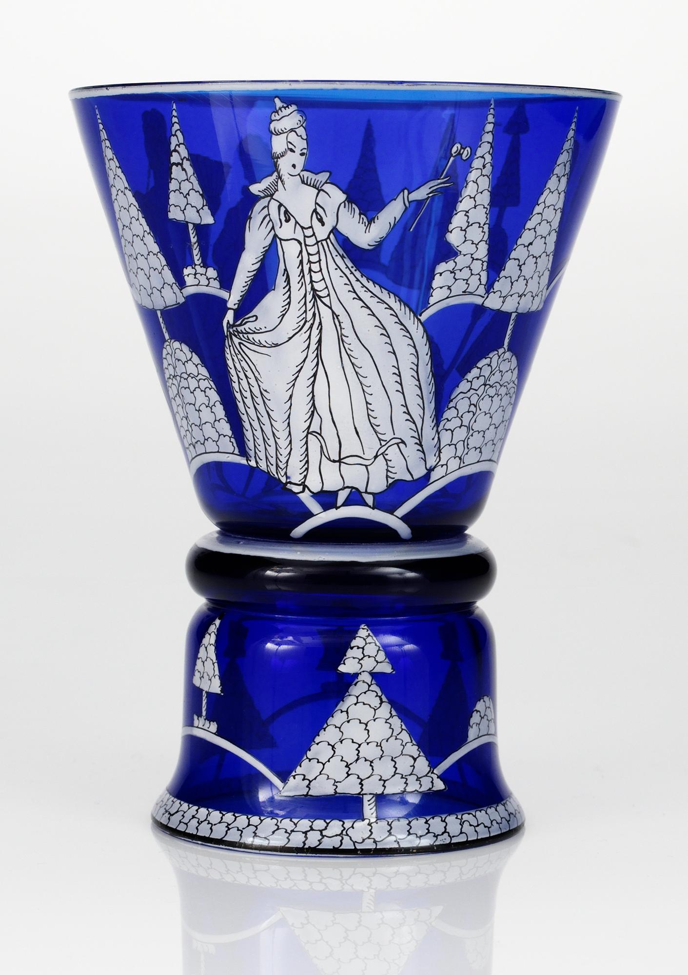 A Wiener Werkstätte blue glass goblet in a design by Josef Hoffmann. Signed WW.