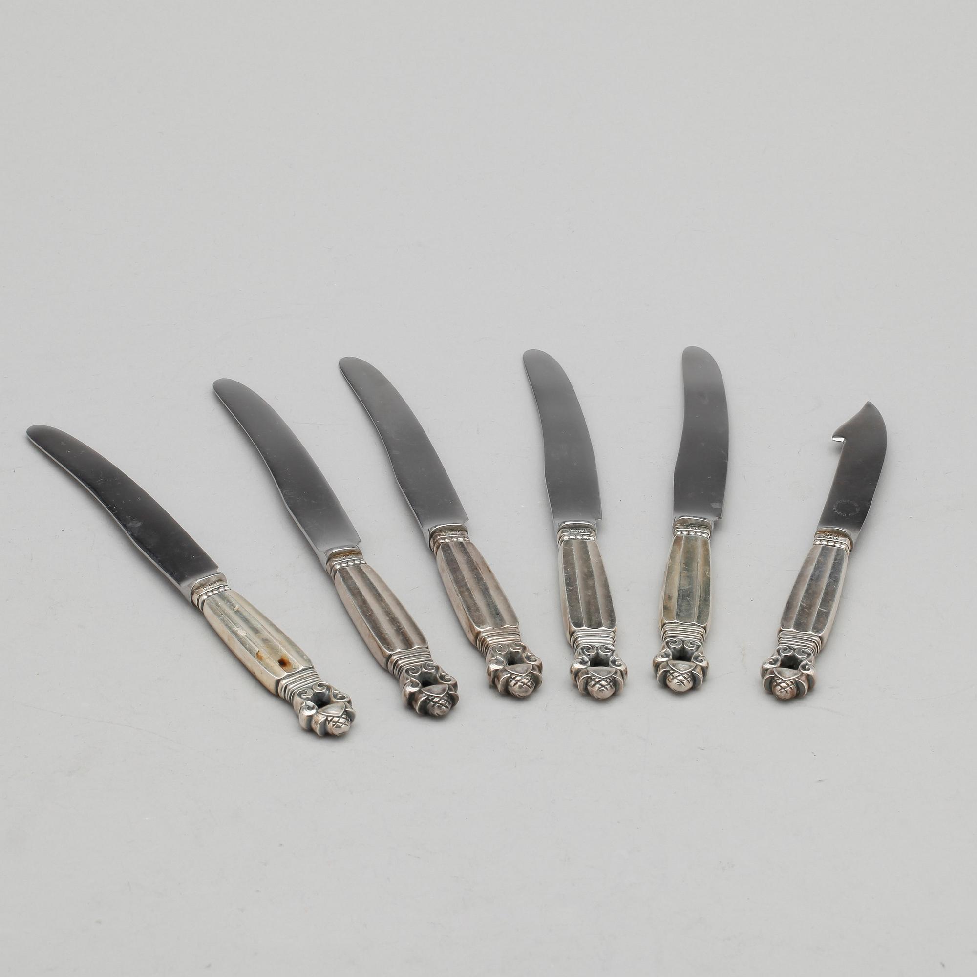 KNIVAR, 6 st, silver, Konge/Acorn, Johan Rohde för Georg Jensen. Total vikt ca 245 gram.