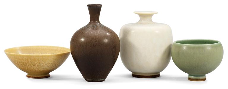 Two different stoneware vases and two bowls, by Berndt Friberg, Gustavsberg studio.