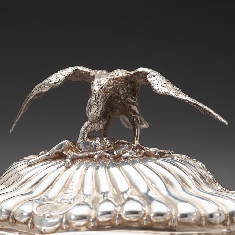 A pair of English mid 18th century silver tureens, marks of Frederick Kandler, London 1755.