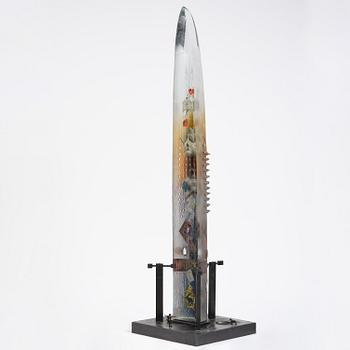 Bertil Vallien, a sand cast glass sculpture of a standing half-boat, Kosta Boda, Sweden.