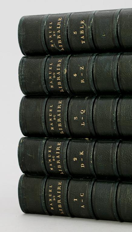 BIBLIOGRAFI, vol I-V, "Manuel du Libraire et de L´amateur de Livres" av J-C. Brunet, Paris 1842-44.