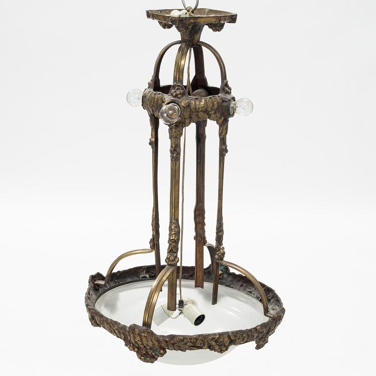 An Art Nouveau glass and brass ceiling light, Arvid Böhlmarks Lampfabrik, early 20th Century.