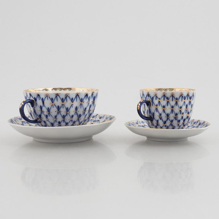 Tea and coffee service, 34 pieces, porcelain, "Cobalt Net", Lomonosov, Soviet Union.