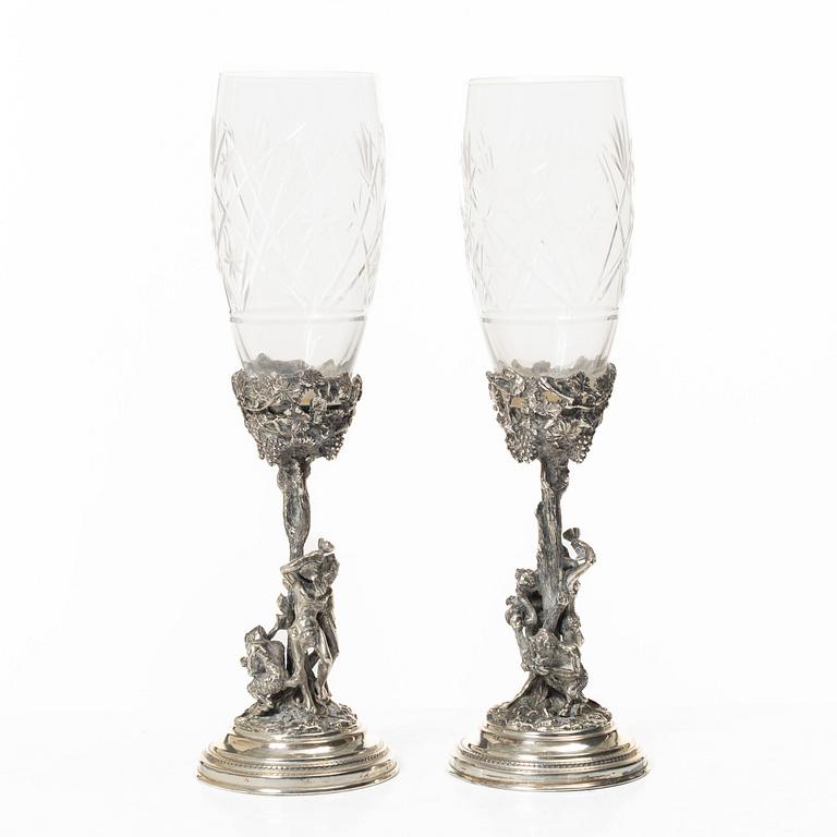 Champagne glasses, a pair, silver and glass, 20th century.