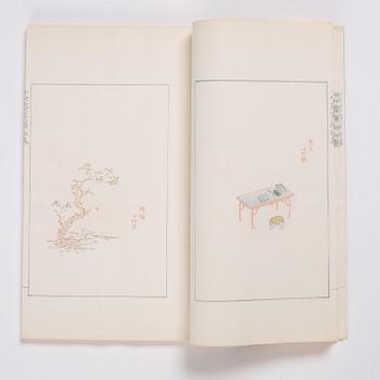 A book, four volumes, numerously illustrated with woodcuts in colours, "Shi zhu zhai jian pu" by Hu Zhengyan.