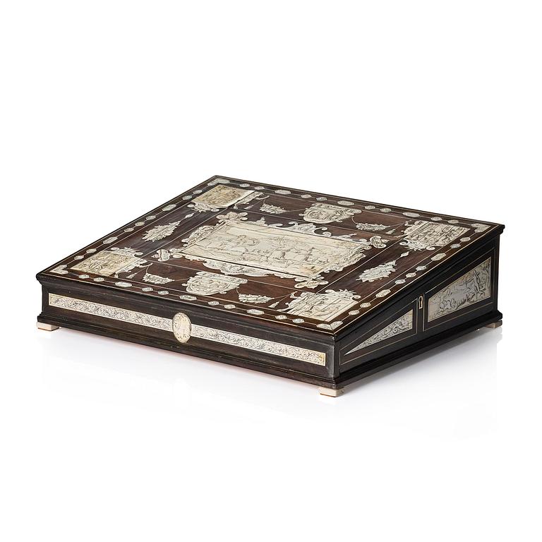 A Neopolitan ebony, rosewood and engraved ivory writing box from the circle of Iacopo Fiamengo, first part 17th century.