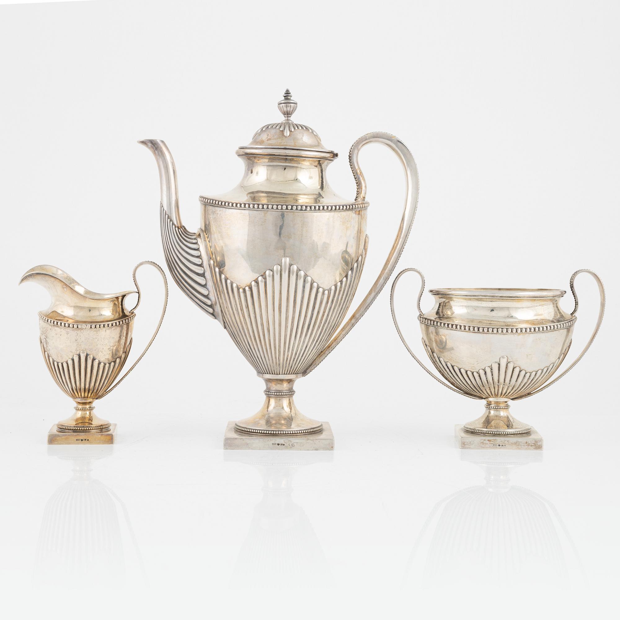 Kaffeservis, 3 delar, silver, empirestil, Bernard Hertz Stockholm, 1904.