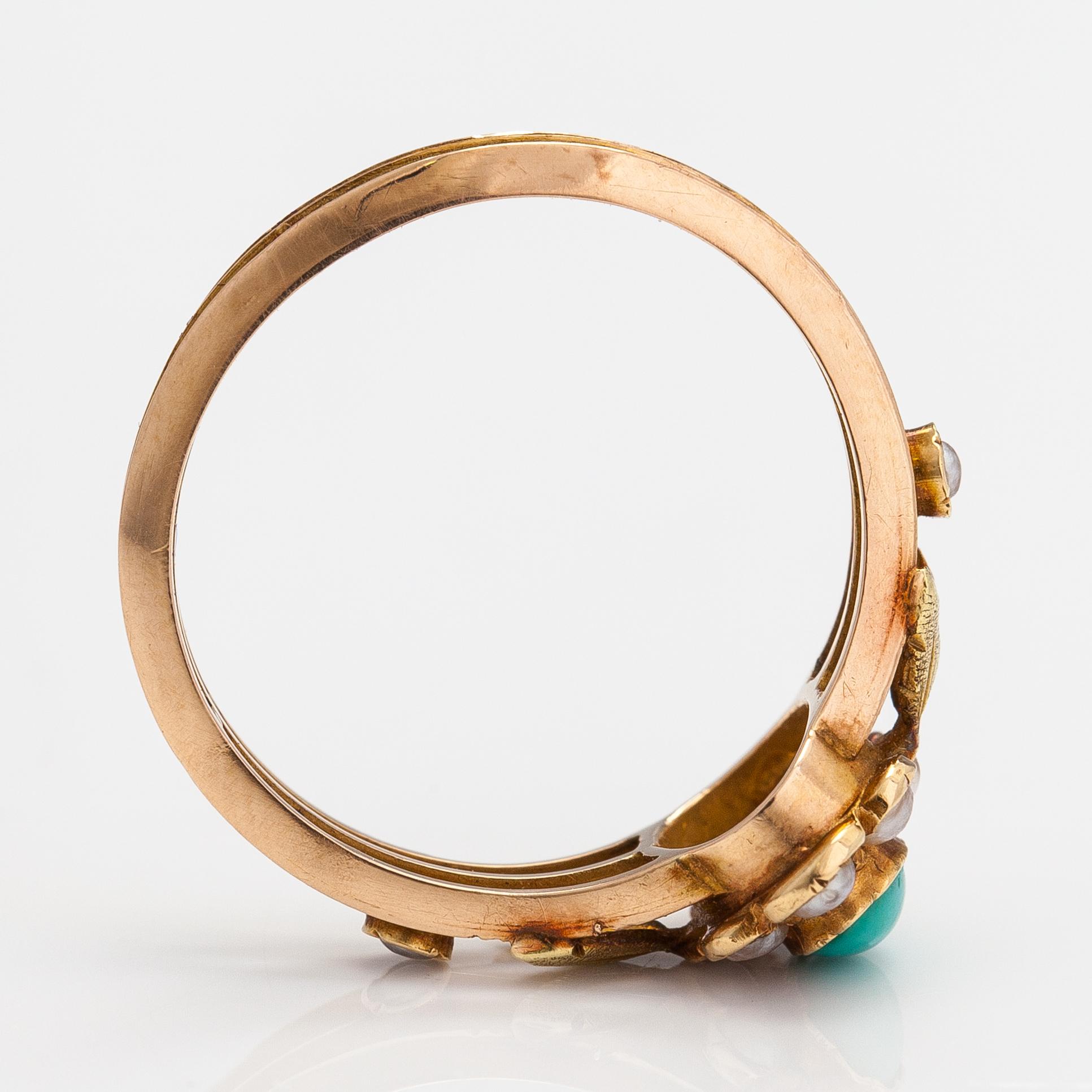 Otto Roland Mellin, An 18K gold ring with turquoises and cultured pearls. Helsinki 1876.