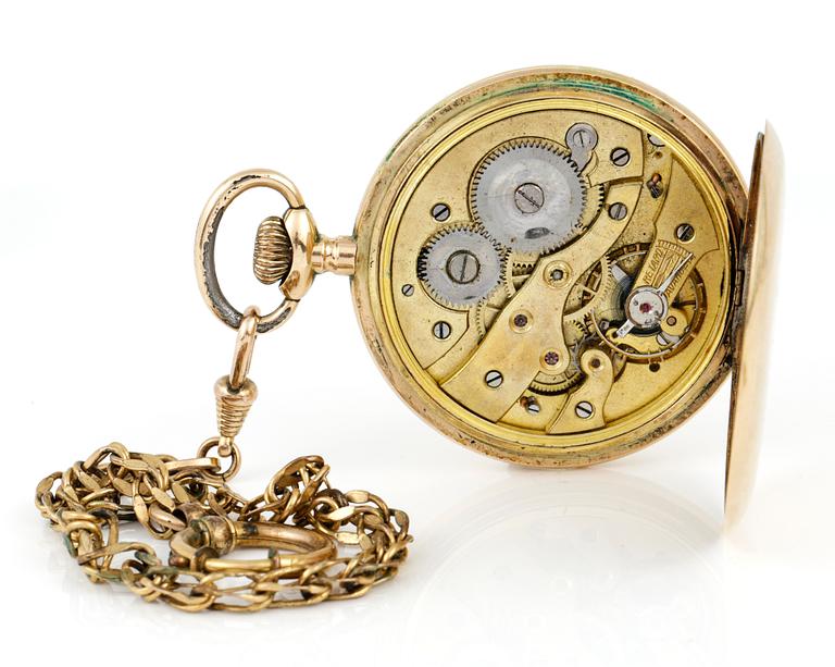 FICKUR, 14K guld, Ancre, Schweiz, omkring sekelskiftet 1900. Vikt 79 g (exkl chatelaine).