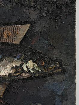 Oskar Rabin, Still life with fish, vodka bottle, banknote and newspaper.