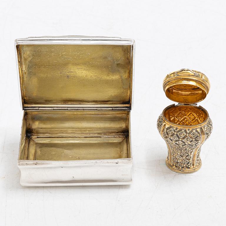 Two Swedish 18th century parcel-gilt silver boxes.
