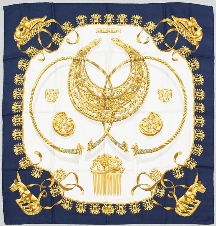 Hermès, scarves, two pieces, "La Promenade de Longchamps" & "Les Cavaliers d'Or".