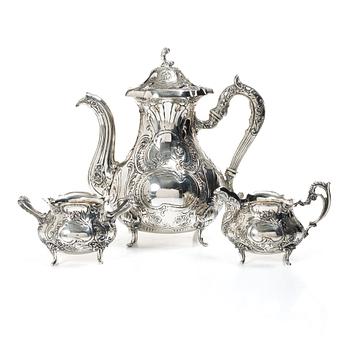 Coffee service, 3 pieces, silver, Rococo style, Gewe Silvervarufabriken Ab, Malmö 1976–78.