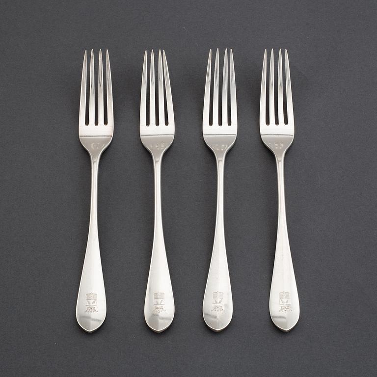 Four silver forks with von Eckermann crest, mark of Gustaf Möllenborg, Stockholm 1912.