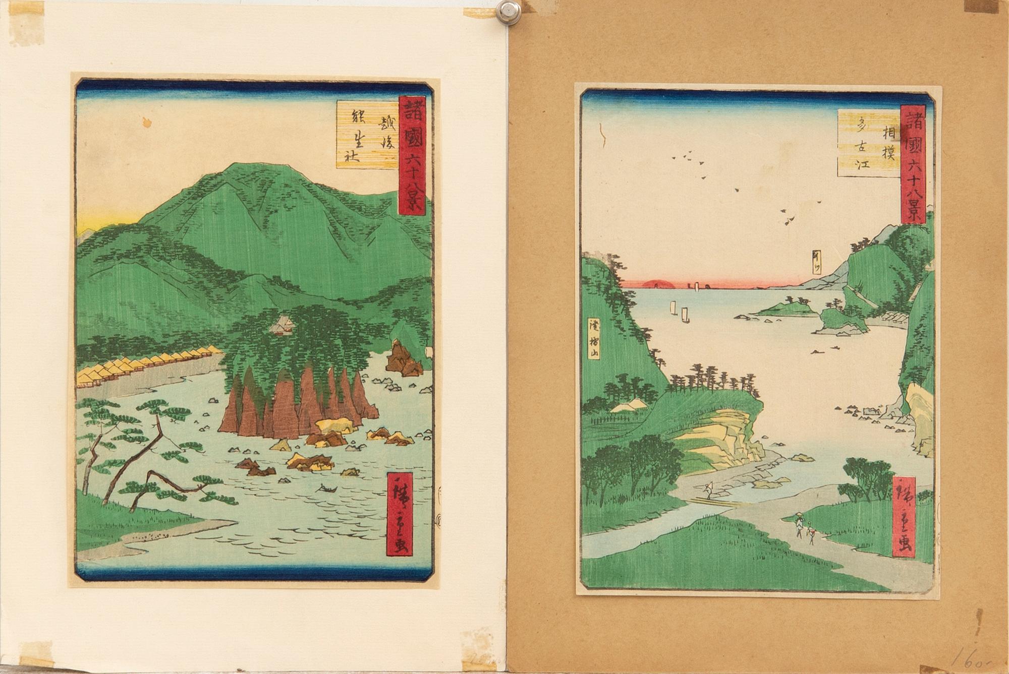 Ando Hiroshige efter, två träsnitt, 1800- / 1900-tal.