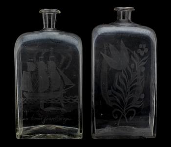 BRÄNNVINSFLASKOR, 2 st, glas, Sverige 1800-tal.