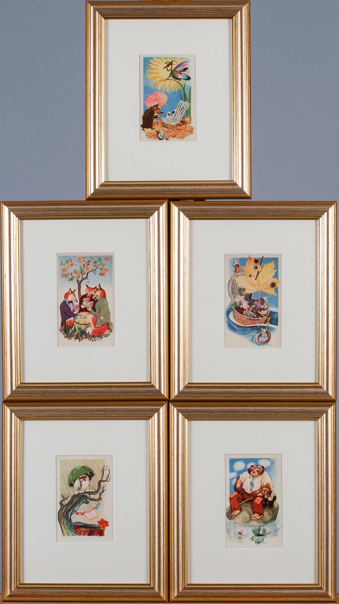 KONSTVYKORT, 10 st, efter Tove Jansson, 9 med synlig signering i trycket, Taidekorttikeskus 1940-tal.