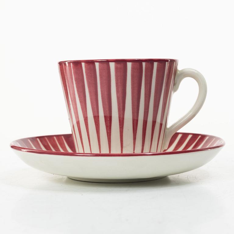 Eugen Trost, Three 'Red Zebra' cream-ware coffee cups on saucers, Uppsala-Ekeby Gefle.