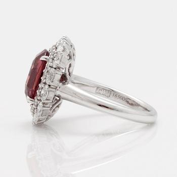 A 5.12 ct unheated red-orange sapphire and brilliant cut diamond ring. Total carat weight of diamonds circa 1.48 cts.