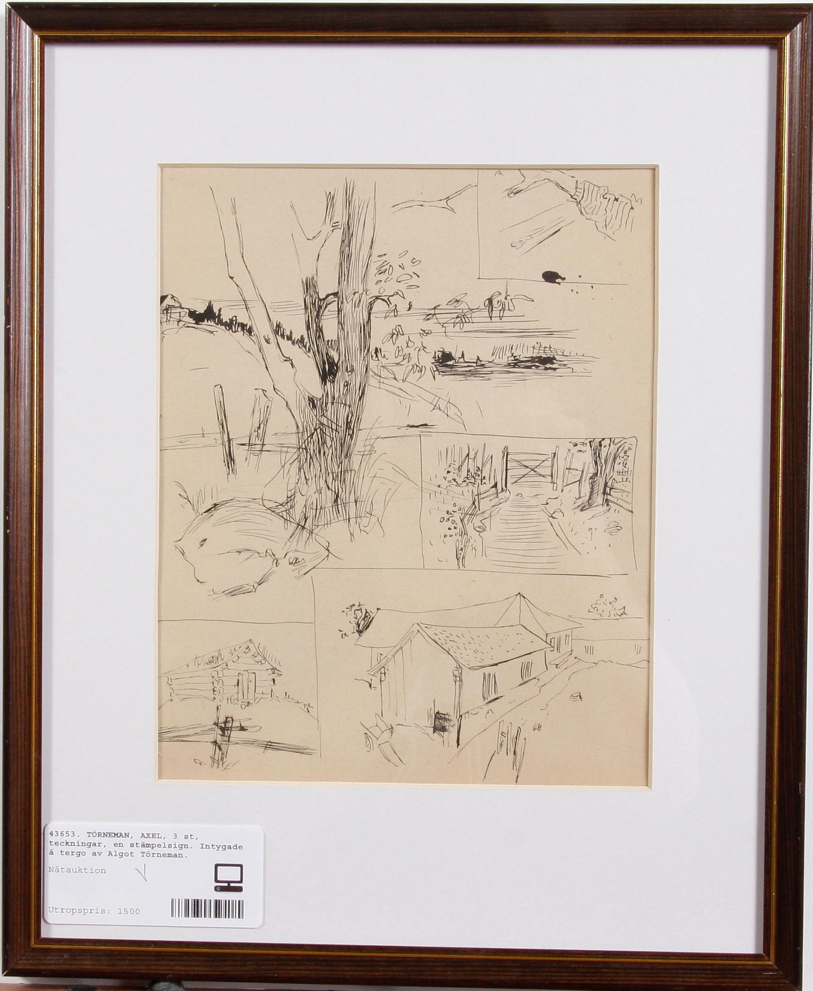 TÖRNEMAN, AXEL, 3 st, teckningar, en stämpelsign. Intygade á tergo av Algot Törneman.