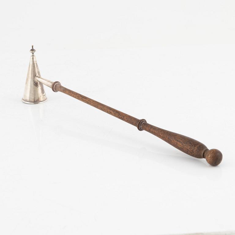 An English silver and wood candle snuffer, mark of David R. Mills, London 1951.