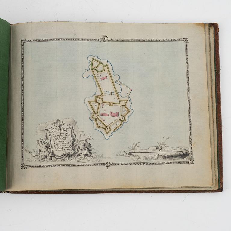 Album from 1746 with 22 watercolors of fortresses, a gift from Gabriel Cronstedt to the heir apparent Adolf Fredrik.