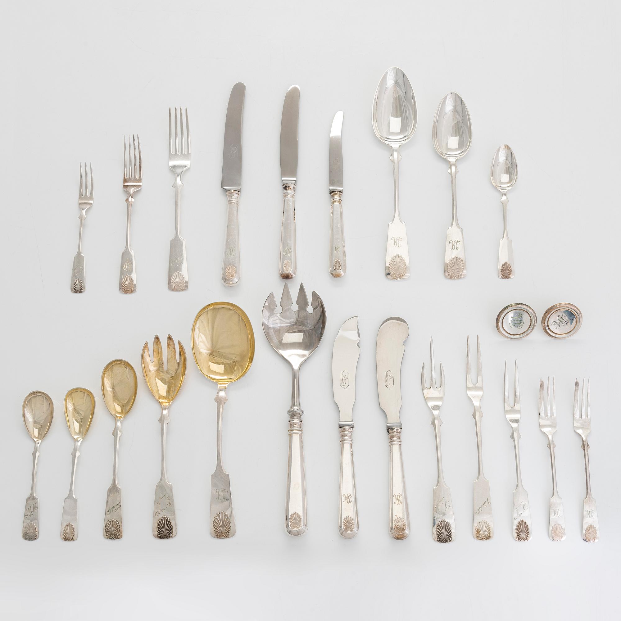 Bestickuppsättning, 138 delar, silver, "Musslan", finska tillverkare, 1927-73.