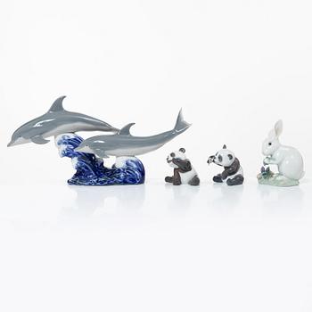 Lladró, 4 figurines, "The Chinese Zodiac": "A happy panda", "A cheerful panda", "The Rabbit", "Dance of the Dolphins".