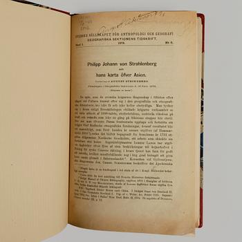 BÖCKER, 2 exemplar, "Philipp Johann von Strahlenberg och hans karta öfver Asien", August Strindberg, Stockholm 1879.