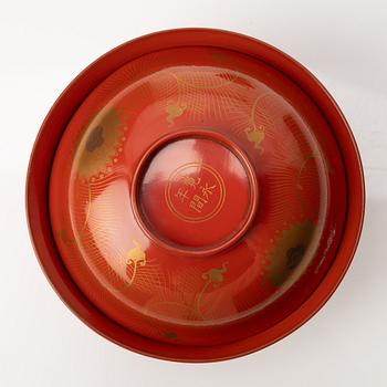 A group of nine Japanese lacquer bowls with covers, Meiji and 20th century.