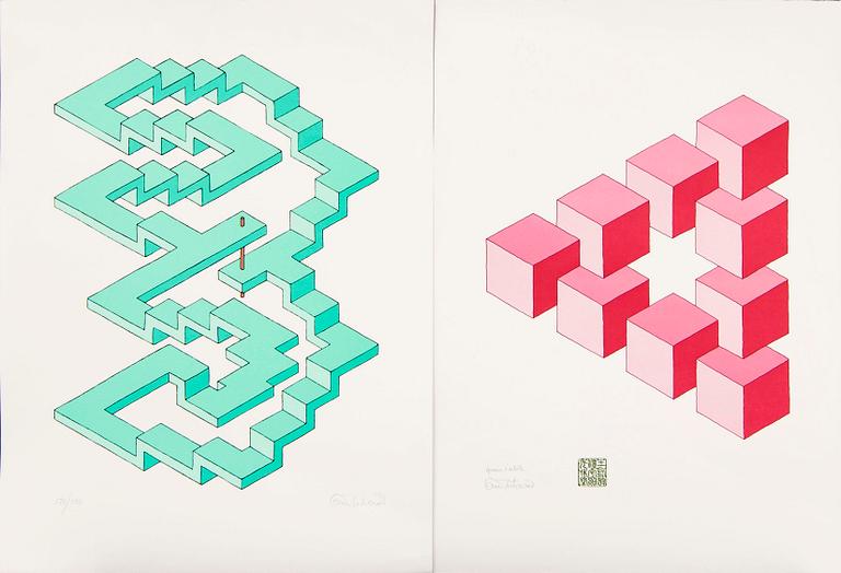 Oscar Reutersvärd, färglitografier två st, signerade 170/190 samt épreuve d'artiste.