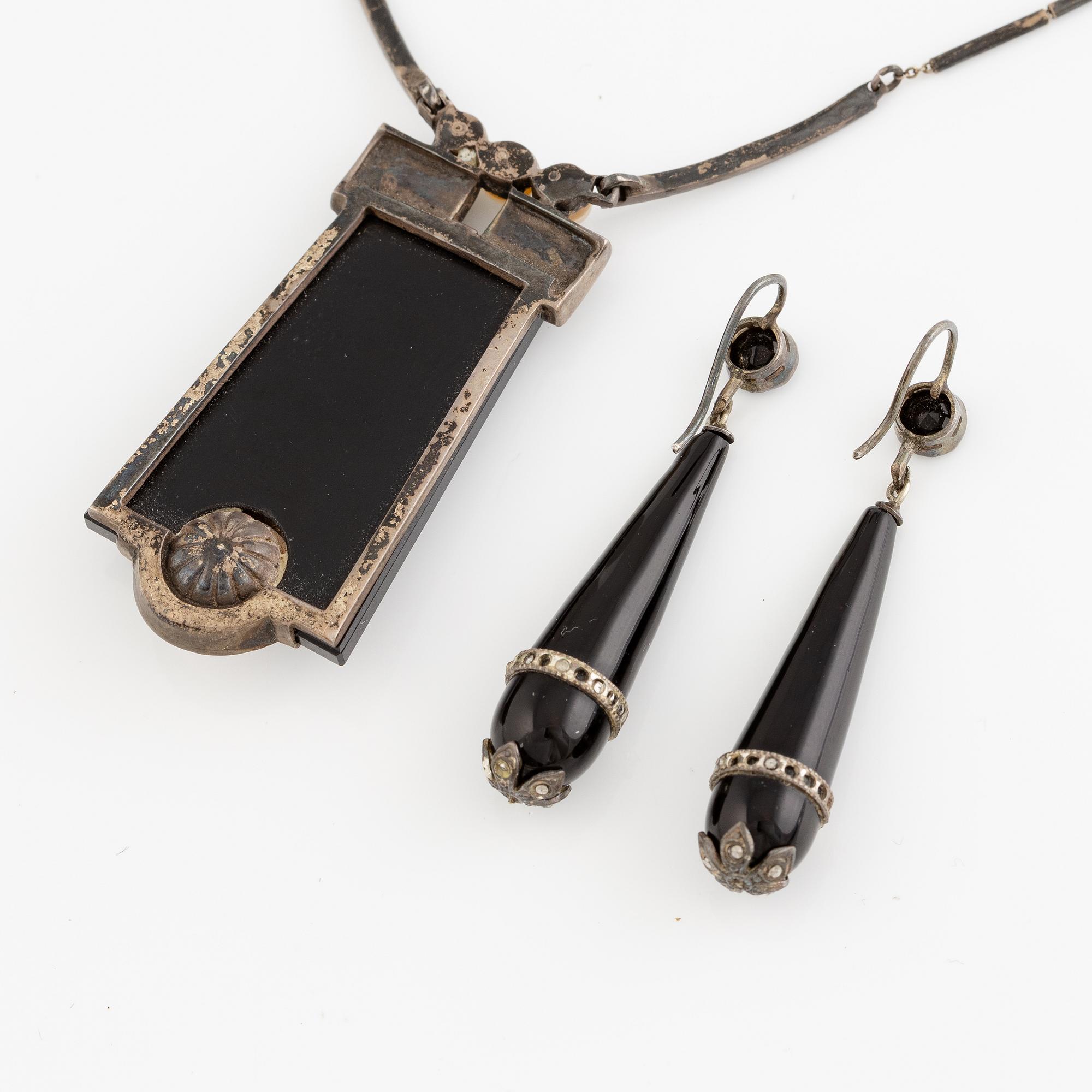 Necklace and a pair of earrings, silver, onyx, mother-of-pearl, and pyrite.