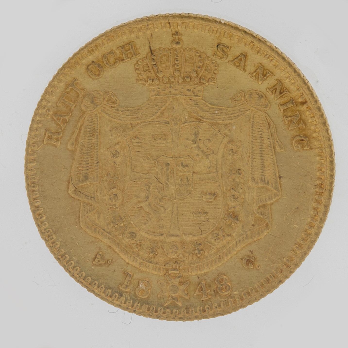 A Swedish 1 Dukat in gold, with the Swedish and Norwegian King Oscar I, 1848/4.