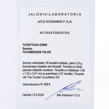 An 18K rose gold ring, with a brilliant-cut diamond approximately 2.01 ct, accompanying HRD report.