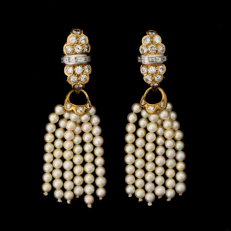 A PAIR OF EARRINGS, brilliant and baguette cut diamonds, cultured pearls, 18K gold.