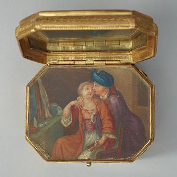 A gilt-brass, stone and glass box with double-folded lid with erotic scene. Louis XVI.