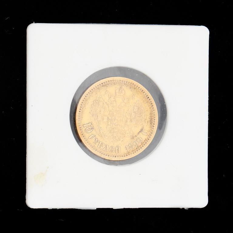 MYNT, guld, 10rubel, Nikolaj II, Ryssland, 1899. Vikt ca 4,3g.