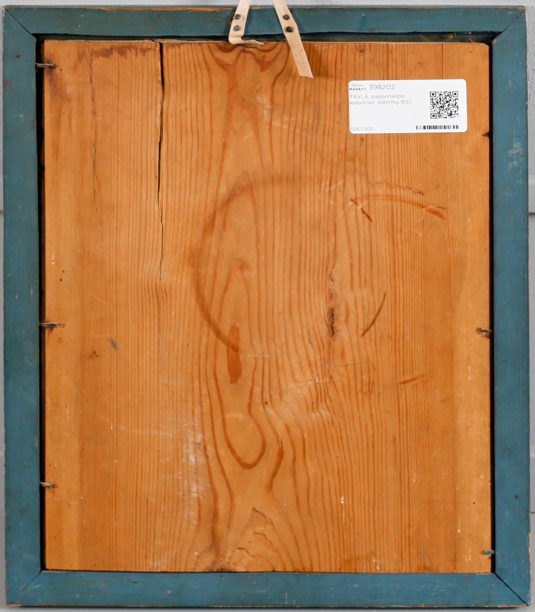TAVLA, pappersklipp, kolorerad, datering 1831.