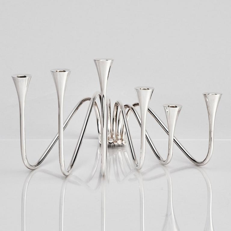 Ibi Trier Mørch, a pair of "Bølgeslag" six-branched sterling silver candelabra for A. Michelsen, Denmark 1951.