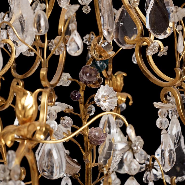 A French Louis XV-style six-branch gilt-bronze, rock crystal and amethyst chandelier, 19th century.