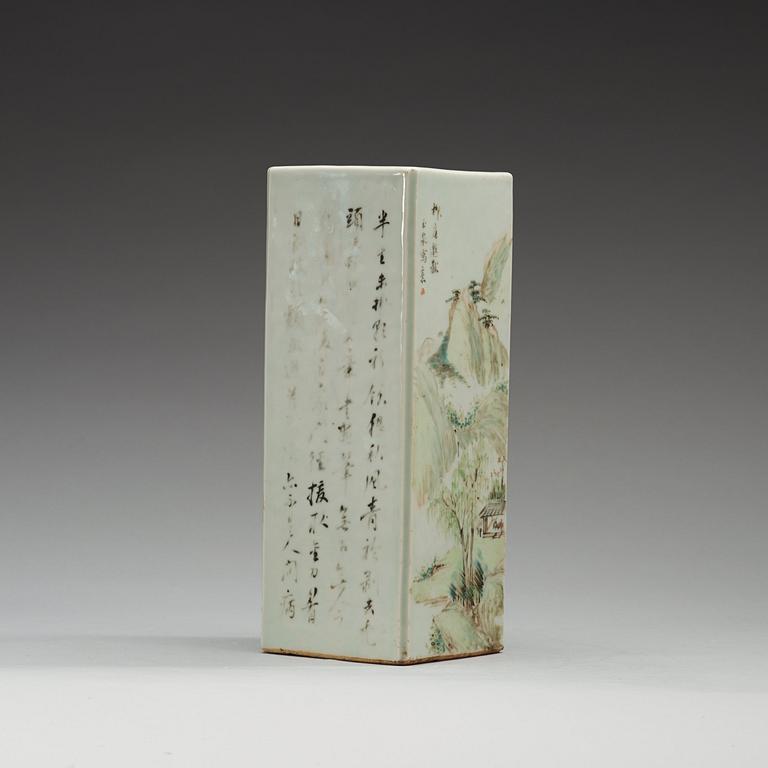 A square enameled vase, China, presumably Republic, 20th Century.