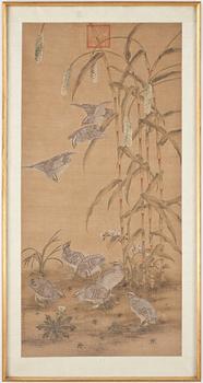 LANG SHIH-NING, efter, bladteknik på textil, siglillstämplad.