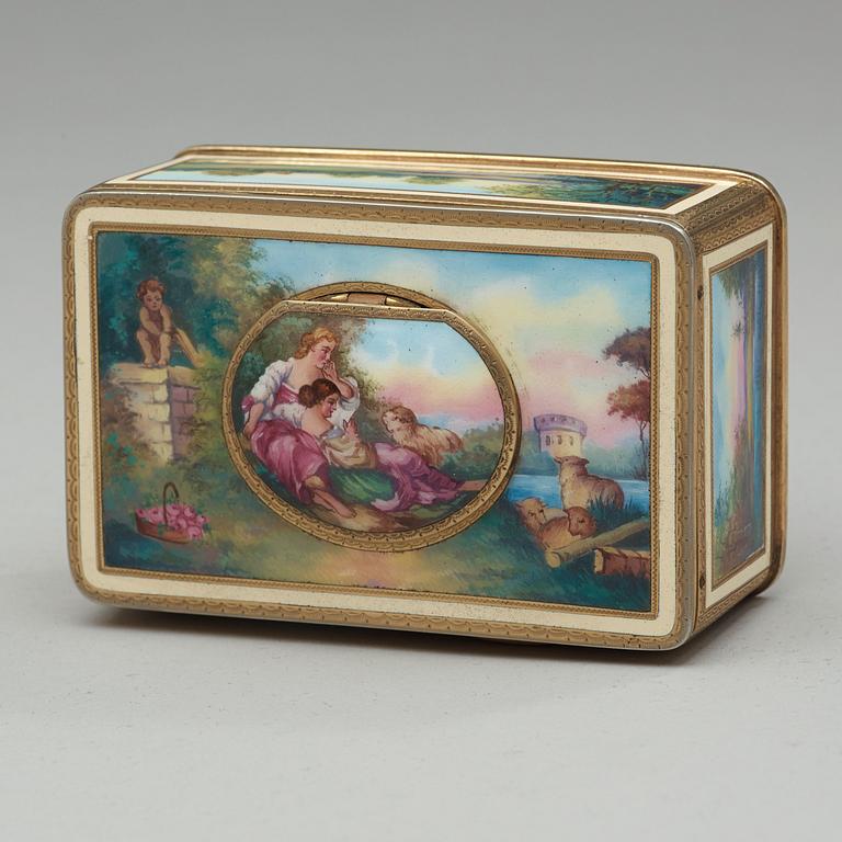 A Swiss early 20th century gilt metal and enamel music-box.