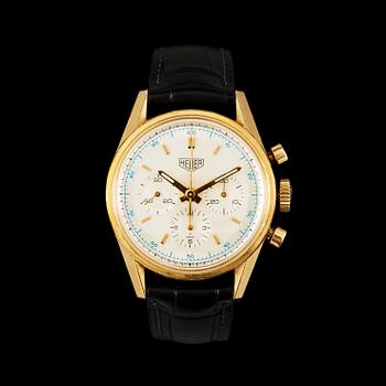 1219. Heuer (TAG Heuer) - Carrera 1964. Automatic. Chronograph. Gold / leather strap. Cert and Box. 35mm.