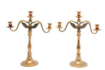 41. A PAIR OF THREE LIGHT CANDELABRA.